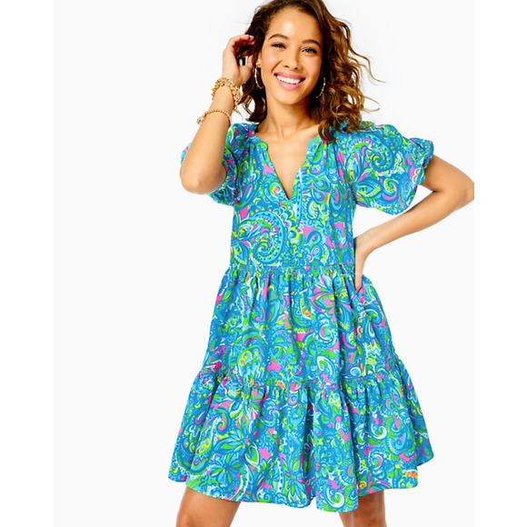 NWT Lilly Pulitzer Shannon Tiered Swing Dress in Seabreeze Blue Women's Size XS - Picture 1 of 16